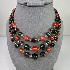 Vtg faux pearl choker in fall colors orange, green and brown multistrand Japan