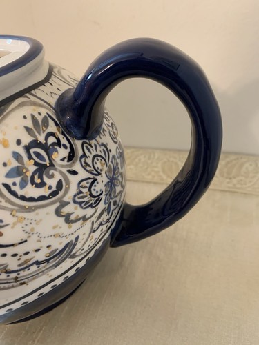 Rara teiera ceramica HTF Potters Studio Paisley & Filigree blu scuro e oro usata in ottime condizioni - Foto 12 di 24