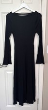 LOFT Black Solid Ribbed Knit Boat Neck Bell Sleeve Midi Dress Long Sleeve L