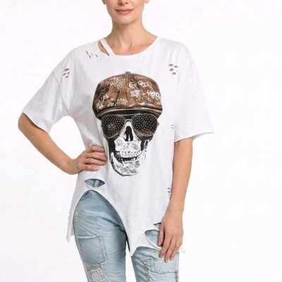 Damen Shirt Oversize Gr. 38 40 42 Cool Skull Print mit Cut Out Weiß - Bild 1 von 4