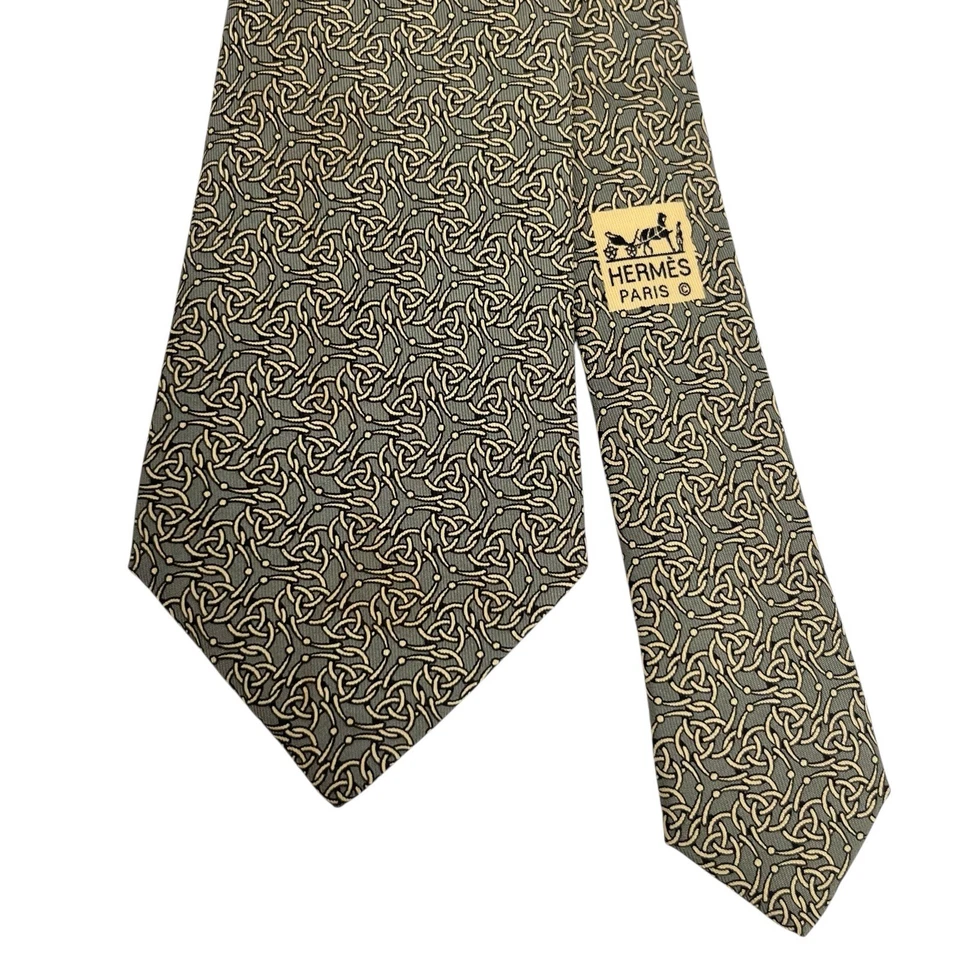 Eslabones de cadena ecuestre Hermes para hombre verde/dorado seda 7355 PA 3,5" (W) 56" (L) Foto 2 de 4