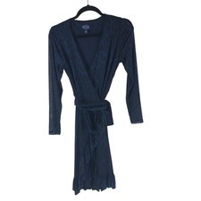 Scoop Blouson Sleeve Ruffle Wrap Tie Dress Leopard Print Blue Black S