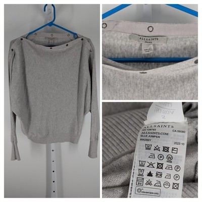 AllSaints Elle Jumper Sweater Womens Small Grey Snap Shoulder Off-Shoulder Small