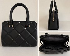 Women s Black Quilted Studded Satchel Top Handle Bag Zip Gold Hardware