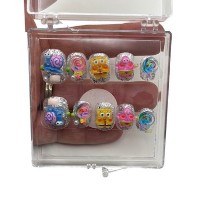 Handmade Spongebob Press On Nails Women L Silver Glitter 3D Patrick Gary Charms