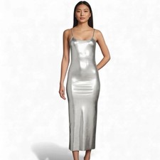 NWT WeWoreWhat Midi Dress Metallic Silver Size S Bodycon Fitted Sculpted Shimmer
