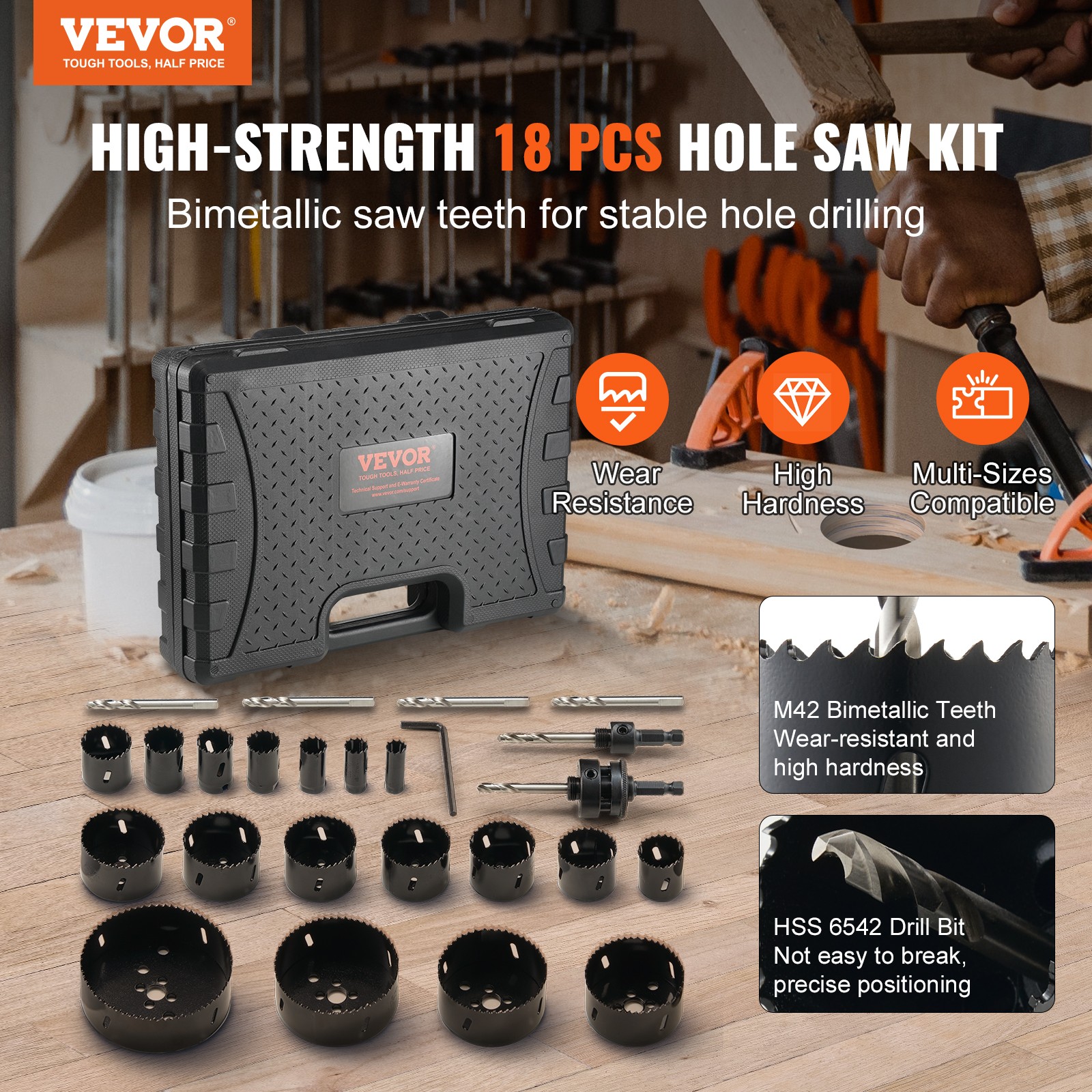 VEVOR Hole Saw Kit 18 PCS Saw Blades 6 Drill Bits 1 Hex Wrench Case Bi Metal M42