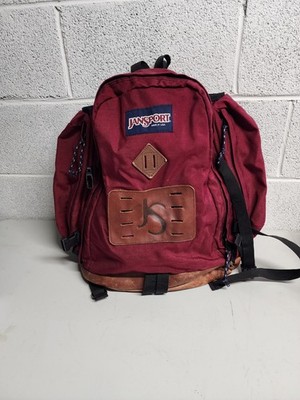 Jansport Super Sack Backpack Bag Dark Red Leather Bottom Made In USA Vintage 90