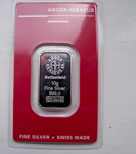 ARGOR - HERARUS 10 g GRAM SILVER BAR .999 FINE SILVER OFFICIAL ASSAY CARD SEAL 6