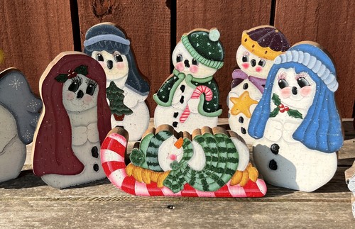 9 pc Painted Wooden Snowman Nativity Scene Kid Friendly 3/4” Thick Wood No Break - Picture 2 of 11