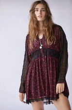 EUC FREE PEOPLE SHEER ROMANCE MINI DRESS XS RED COMBO BLACK LONG SLEEVE LACE