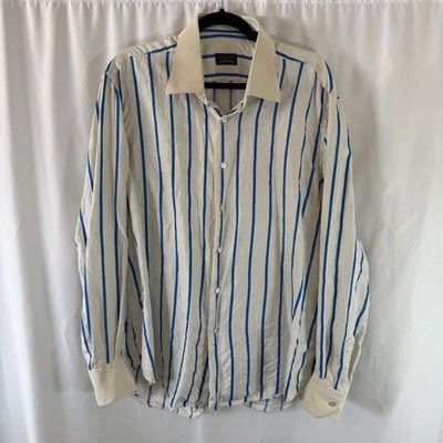 Stefano Ricci Galtrucco Silk Shirt Men's XL White Blue Striped Button Up Long Sl