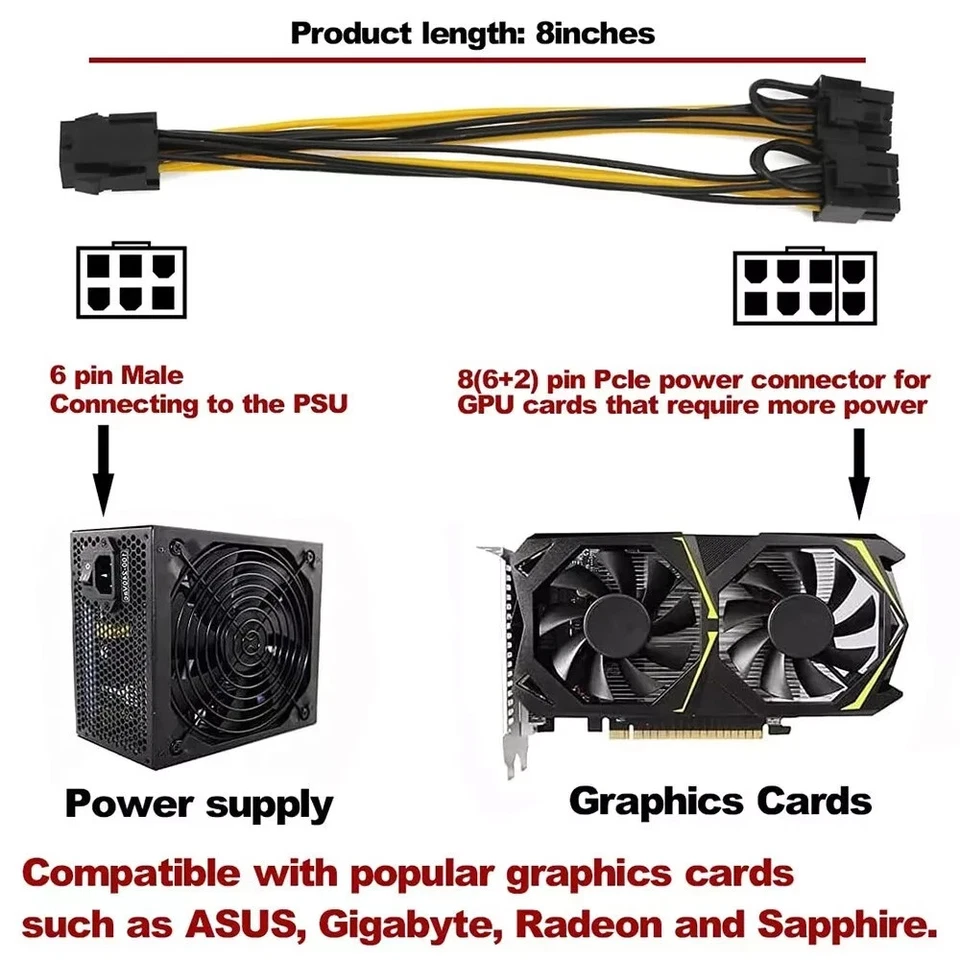 PCI Express 6 pin Female to Dual PCI-E 8( 6+2) pin Male GPU Power Cable Adaptor - Image 2 of 4
