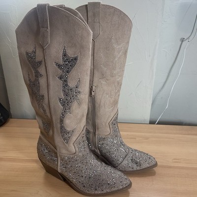 Madden NYC Tan Rhinestone Embellished Cowgirl Boots Western Sz 6 EUC