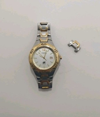 Fossil Blue Men's Watch Silver and Gold Tone Date Running w/ New Bat. Extra Link