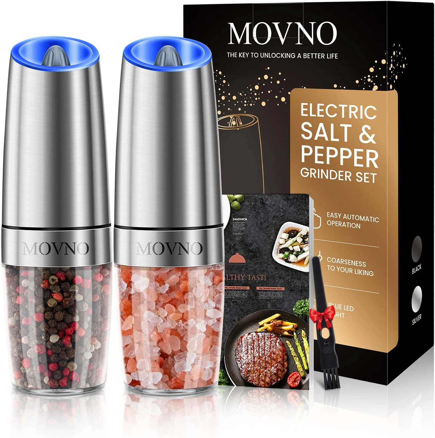 Gravity Electric Salt and Pepper Grinder Set, Battery Powered LED Light One Hand