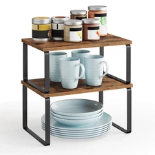 2-Tier Adjustable Wood Storage Shelf Unit Rustic Brown Organizer (2 Pack)