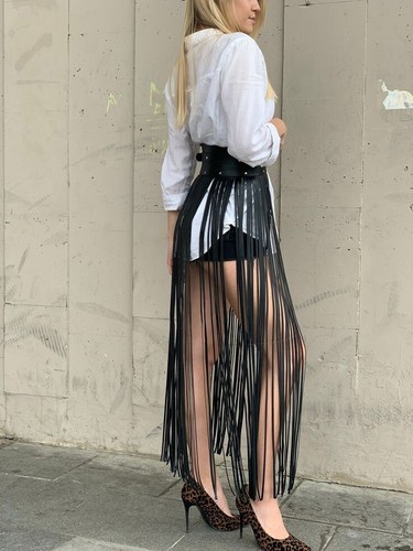 Genuine Leather Fringe skirt corset belt leather long fringes belt punk retro - Picture 2 of 6