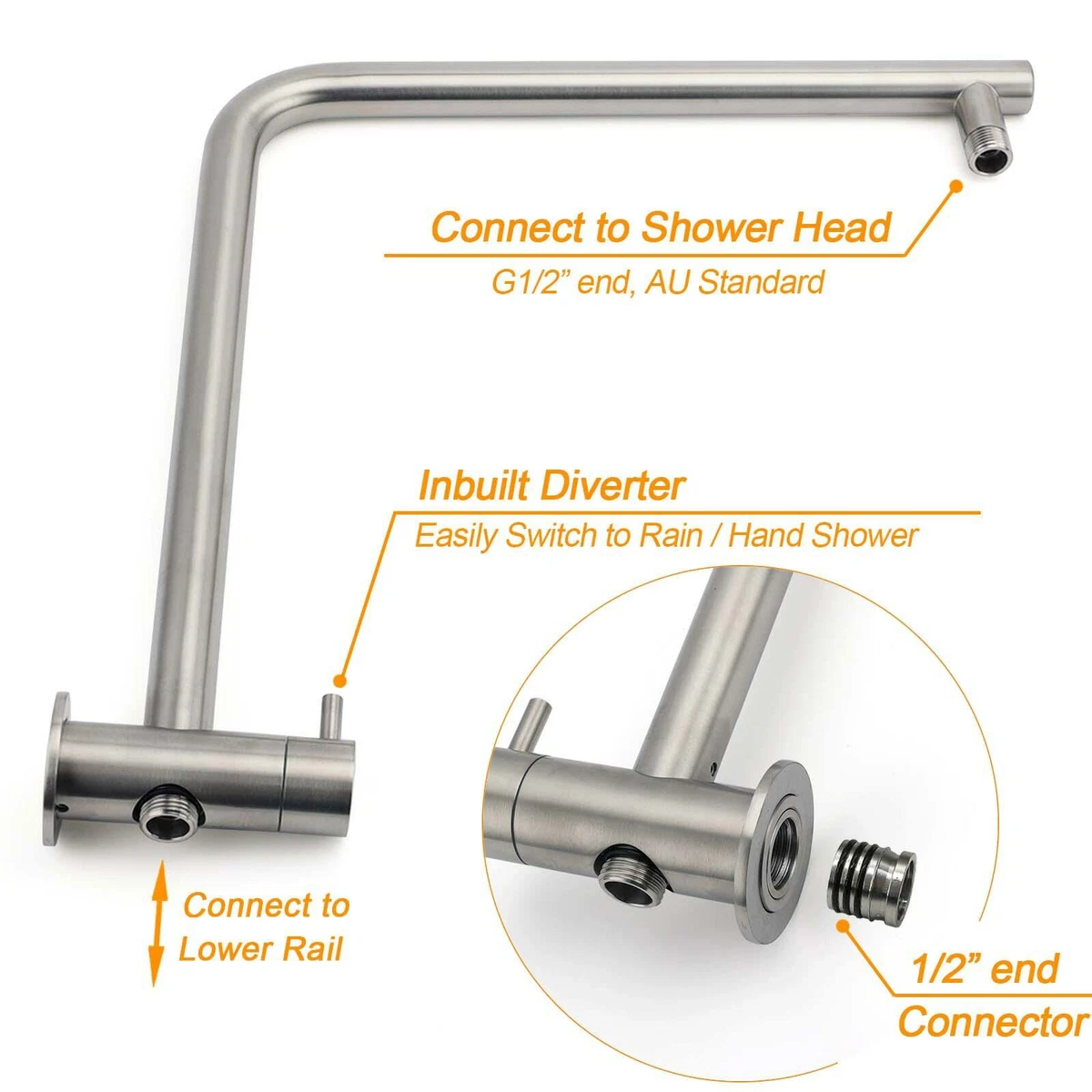 WELS Brushed Nickel Round Twin Set 8" Rain Shower Head 3 Mode Handheld Rail Arm