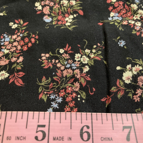 Black Floral Printed Cotton Fabric Pinks Blue White Green 1 3/4 Yards x 56 In - Picture 5 of 7