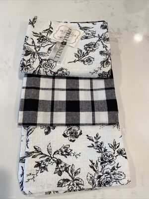 APRIL CORNELL BLACK FLORAL/Plaid KITCHEN SET Of 3 TEATOWELS 19X27''MULTI NEW