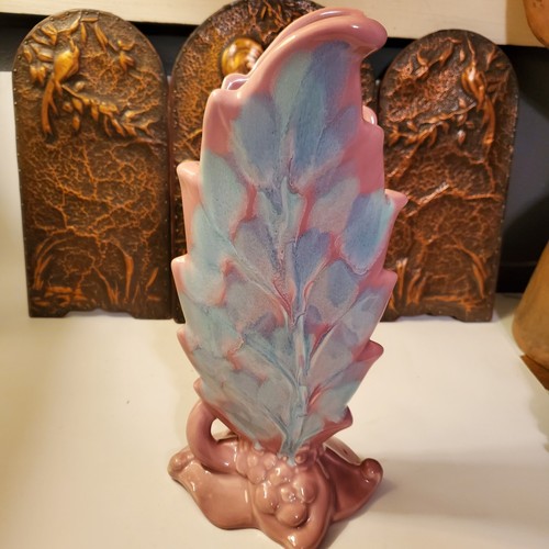 Vintage Royal Haegar Pottery Split Top Blue Pink Leaf Design Vase 12" - R320 - Picture 2 of 9