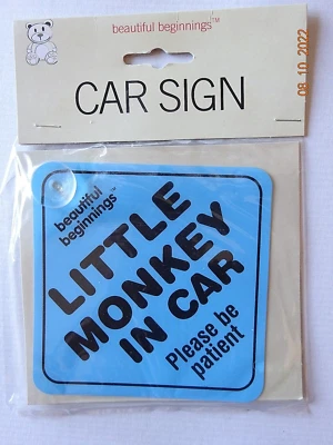 BEAUTIFUL BEGINNINGS Baby Safety on Board Sign Blue Little Monkey In Car With Suction Pad