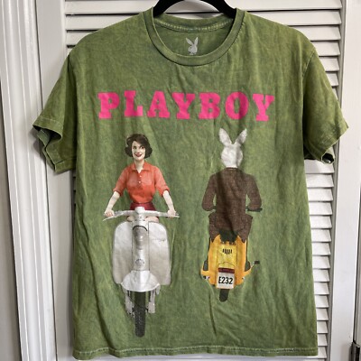 PLAYBOY グラフィック Tシャツ グリーン L 古着 Playboy 1959 Cover Woman & Bunny On Scooters Green Mineral Wash T