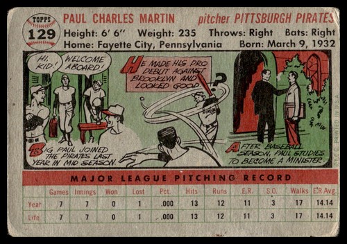 1956 Topps #129 Paul Martin RC Pittsburgh Pirates Low Grade crease - Picture 2 of 2