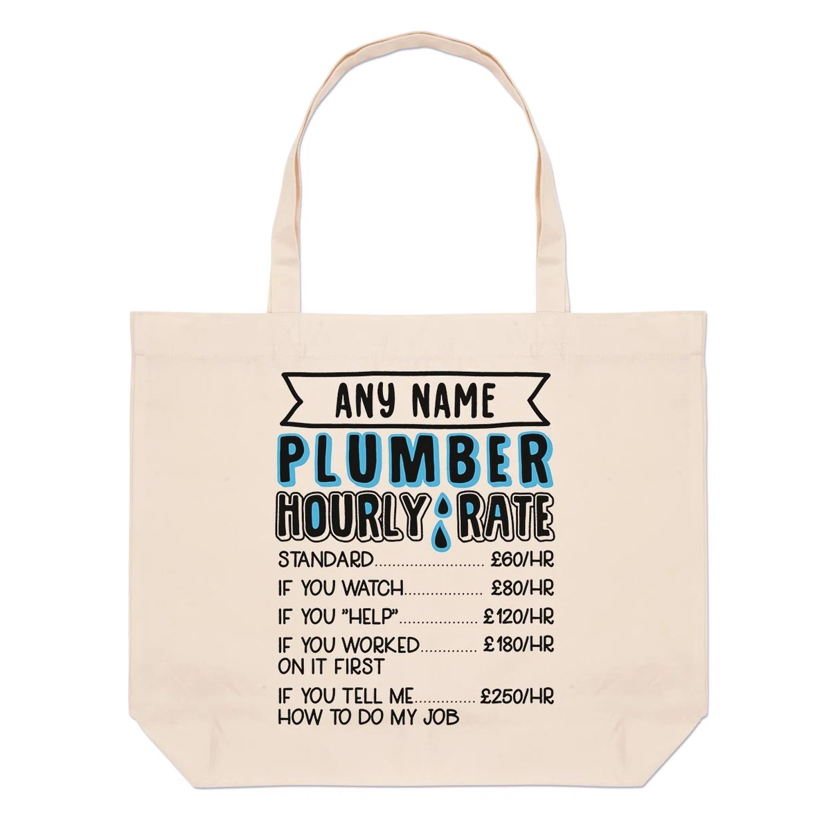 Personalised Plumber Hourly Rate Large Beach Tote Bag Funny Joke