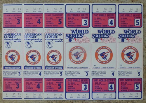 1982 MLB BALTIMORE ORIOLES - PLAYOFF AND WORLD SERIES - PHANTOM TICKET SHEET