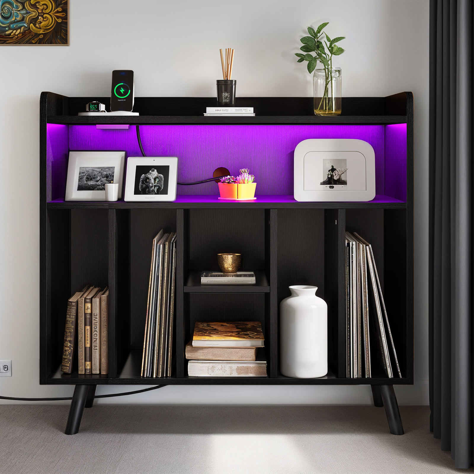 Vintage LP Record Player Stand with LED Lights and Album Storage-image