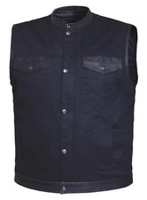 UNIK Men's Denim Club Motorcycle Vest w/ Cowhide Leather Trim - Matte Black