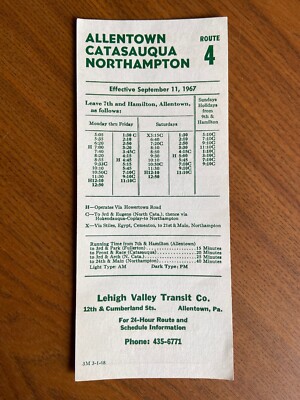 1968 Lehigh Valley Transit Northampton Catasauqua Route 4 System Fahrplan