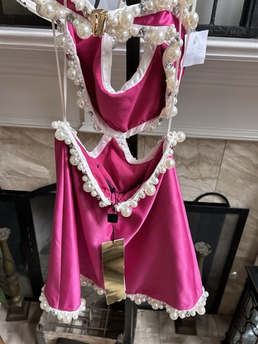 NEW w/defects $995 PATBO Pearl & Rhinestone mini dress in pink - sz 2 - Picture 9 of 20