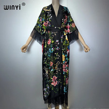 Boho Kimono Dress  Beachwear Abaya for Muslim Women Tassel Detail Cardigan Style