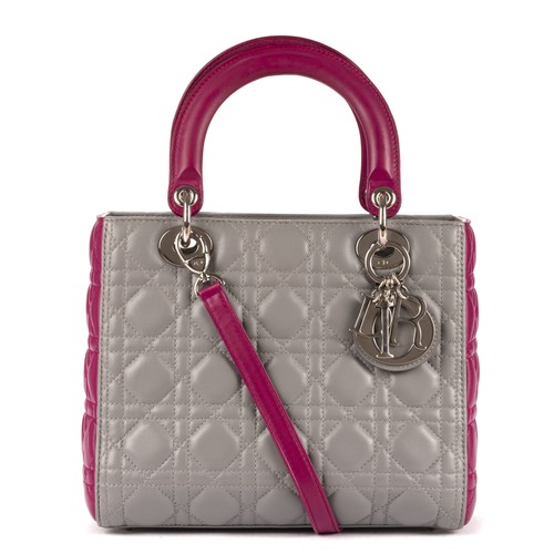 Dior Grey/Fuchsia Medium Lady-D Shoulder Bag Cannaged Leather