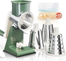 Upgraded Rotary Cheese Grater Stainless Steel Drums 15 Storage Bags Olive Green