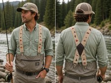 Vintage Fly Fishing Suspenders Cream Trout Angler Braces Leather Back Heavy Duty