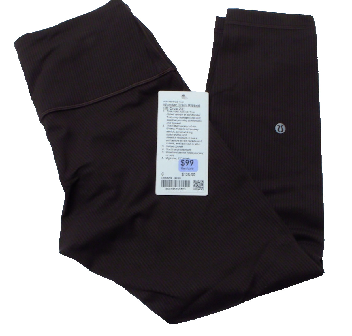 New Lululemon Wunder Train Ribbed HR Crop 23" - Espresso - $128 MSRP - Size 6