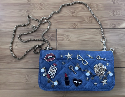 ALDO Women's Blue Quilted Zip-Around Wallet Chain Strap Stars Credit Card