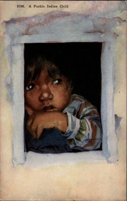 Pueblo Native child resembles a watercolor c1910 vintage artistic postcard