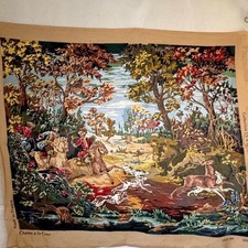 63x50 1950 French Needlepoint Tapestry SEG de Paris Chasse Earth Tones Chateau
