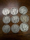 Lot of 9 90% Silver Mercury Dimes 10C (1916-1945) Circulated