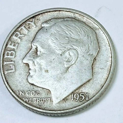 1951 D Roosevelt Dime 90% Silver 10c US Coin, EXTRA FINE CONDITION #6956