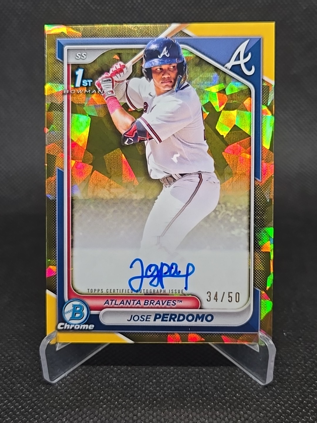 /50 JOSE PERDOMO 2024 1st Bowman Chrome Sapphire Gold Auto Braves