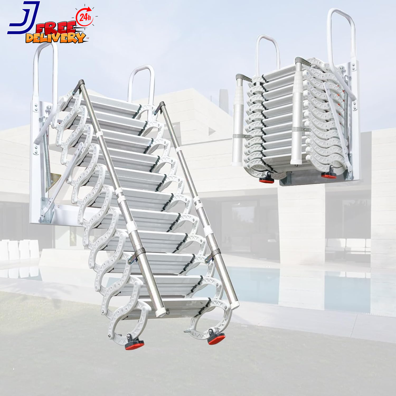 12 Steps Attic Stairs Wall Mounted Folding Loft Ladder Retractable Collapsible S-image