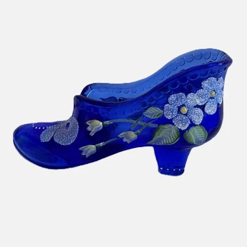 Fenton Art Glass Cobalt Blue Handpainted Princess Slipper Shoe Signed