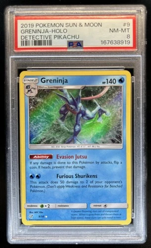 2019 Pokemon Sun & Moon Detective Pikachu Greninja Rare Holo #9/18 PSA 8