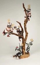 Hopi Kachina Scene: 5 Koshare Kachinas Climbing Tree   Late 20th Century  19.5"H